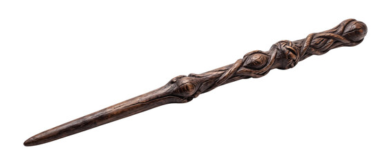 Ornate wooden wand with carvings isolated on transparent background © Photo Find