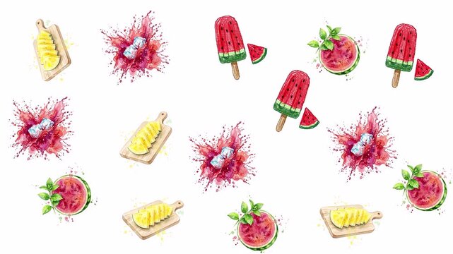 Refreshing Summer Fruit Popsicle and Watermelon Slice Pattern Animation