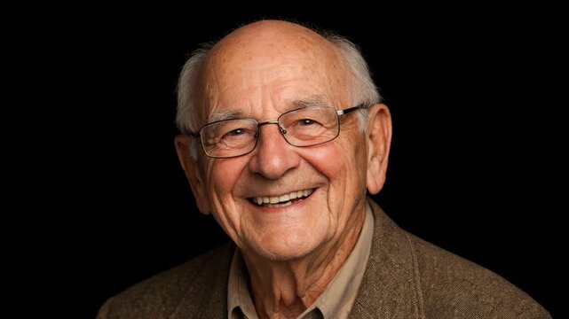 Warm smile lights up an elderly man's face. Glasses rest gently on his nose. Soft light highlights his joyful expression. Tucked in a cozy tweed jacket, he exudes kindness. Background remains dark