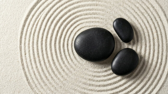 Zen Garden Sand Ripples with Smooth Stones Overhead. Perfectly raked concentric circles in white sand around black river stones, top down meditative composition