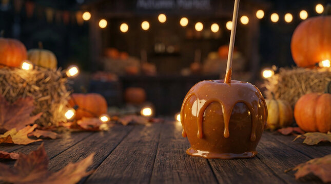 Glossy Caramel Apple with Dripping Coating Close Up. Shiny caramel coated apple on stick with gooey drips, dark moody background, autumn fair treat photography, no people