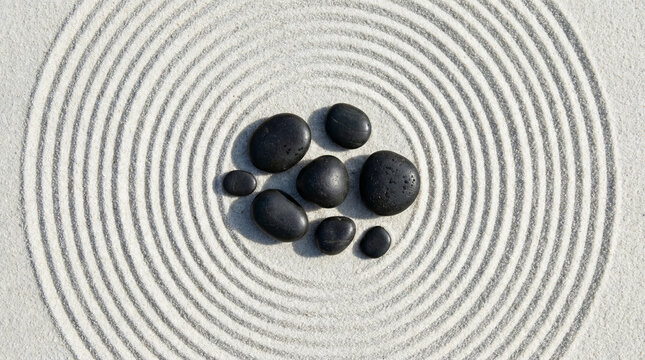 Zen Garden Sand Ripples with Smooth Stones Overhead. Perfectly raked concentric circles in white sand around black river stones, top down meditative composition