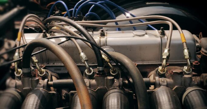 Car repair &ndash; internal combustion engine maintenance. Vehicle part service classic vintage automobile.