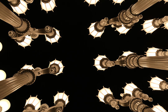 Los Angeles, California &ndash; August 2, 2026: Immersive low angle view of illuminated Urban Light lamp posts by Chris Burden at LACMA at night