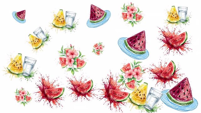 A vibrant and refreshing animated pattern featuring sliced watermelons, splashes, tropical flowers, and cool drinks. Perfect for summer themes, party invitations, and refreshing beverage promotions.