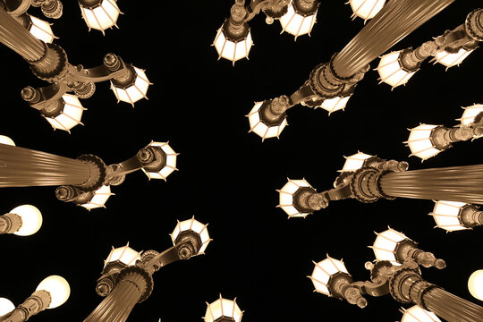 Los Angeles, California &ndash; August 2, 2026: Immersive low angle view of illuminated Urban Light lamp posts by Chris Burden at LACMA at night