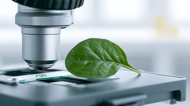 Close-up of a modern laboratory microscope with a green leaf and a glass slide, representing scientific research and bioengineering