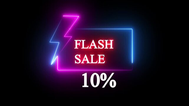 Blue and purple neon sign promoting a flash sale with a bold -10% discount. Perfect for showcasing digital marketing and e-commerce promotions.4k video Black Background