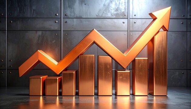A metallic vision of progress and resilience, where copper bars ascend under a glowing arrow, symbolizing strength, innovation, and the relentless pursuit of success.