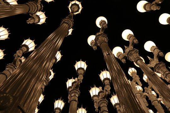 Los Angeles, California &ndash; August 2, 2026: Immersive low angle view of illuminated Urban Light lamp posts by Chris Burden at LACMA at night