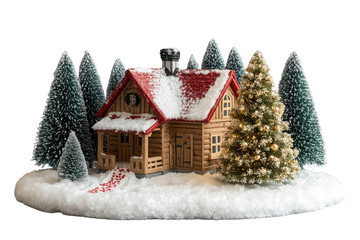Naklejka premium Rustic wooden cabin in a dense snowy conifer forest