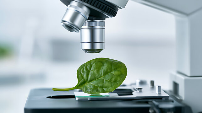 Close up of a vibrant green plant leaf placed on a microscope slide, viewed under an objective lens in a modern laboratory setting