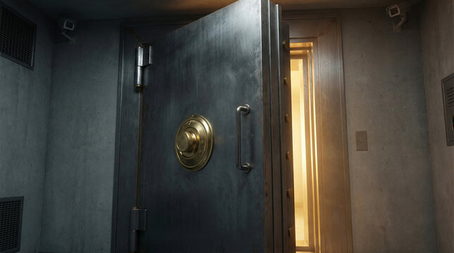 3D Rendered Safe Vault Door Slightly Open Golden Glow. Realistic metal bank vault with combination lock, warm golden light emanating from inside, security concept