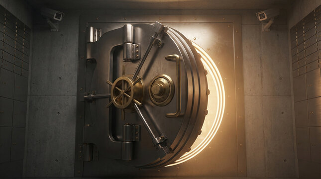 3D Rendered Safe Vault Door Slightly Open Golden Glow. Realistic metal bank vault with combination lock, warm golden light emanating from inside, security concept