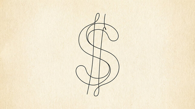 Minimalist Line Art Dollar Sign on Cream Background. Single continuous line drawing forming elegant dollar symbol, thin black stroke on warm cream paper, simple design