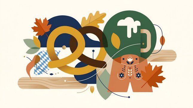 Vibrant autumn festival illustration capturing the essence of Bavarian tradition with a pretzel, beer stein, lederhosen, and fall leaves design