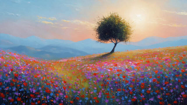Oil painting of colorful tuscany flower field. Landscape painting on canvas. Heavy brushstrokes.