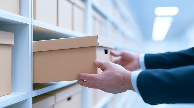 Professional hands retrieve a storage box from a shelf in a clean, organized office archive or data center environment, highlighting efficient organization