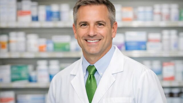 A friendly and approachable male pharmacist standing in his pharmacy.