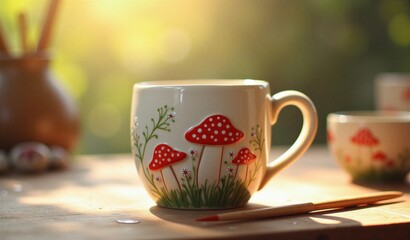 Fototapeta premium Cute Hand Painted Mushroom Ceramic Mug for Pottery Painting Inspiration 