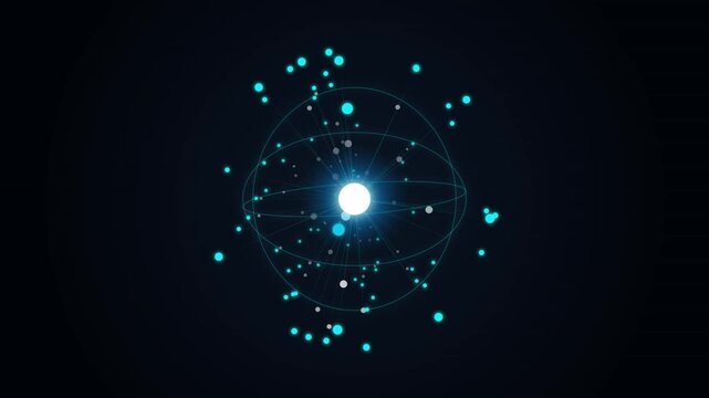 Glowing digital atom model with orbiting electrons representing science and technology