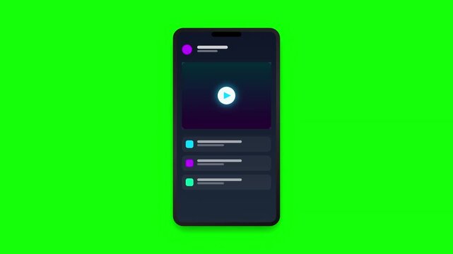 Modern Smartphone Screen Mockup Featuring a Video Player Interface with a Content Playlist Against a Green Background for UI/UX Design and Digital Media Concepts