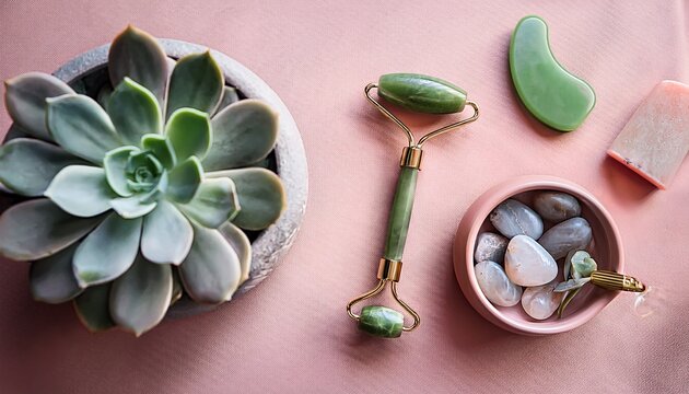 Minimalist Skincare Flat Lay Featuring Jade Rollers Jade Stones And Succulent Plant Creating Serene And Calming Atmosphere