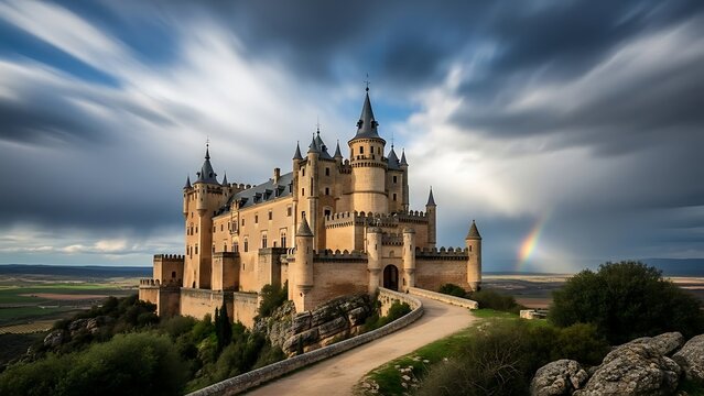 A magnificent castle perched atop a hill, its majestic spires reaching towards a dramatic sky with a rainbow arching in the distance.
