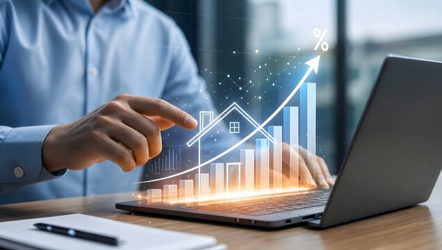 Businessman using laptop with digital overlay of house and rising graph indicating real estate growth.