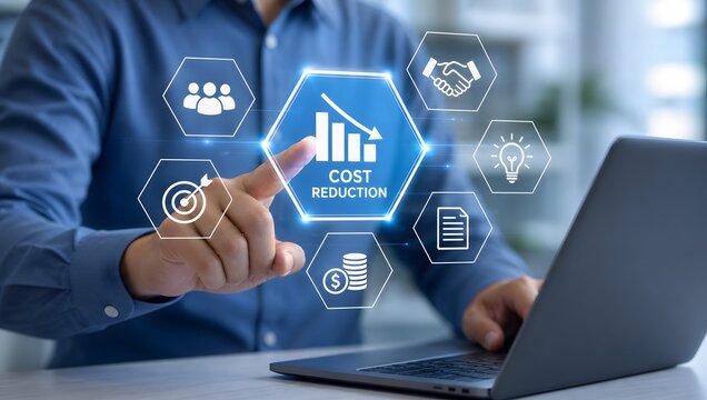Businessman's hand pointing to a digital screen showing cost reduction infographic with icons representing goals, teamwork, and savings.