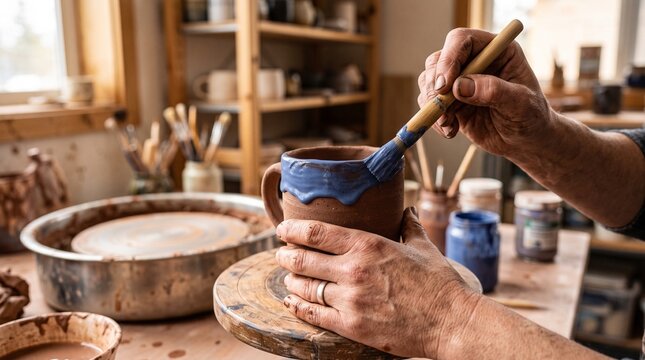 Close-up of handcrafted ceramic mugs receiving a smooth glaze in an artisan pottery workshop.