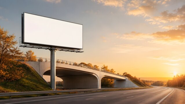 Blank Unipole Billboard Mockup at Bridge Exit on Empty Highway Road at Golden Hour Sunset, Outdoor Advertising Frame Template with Copy Space for Commercial Marketing and Brand Placement