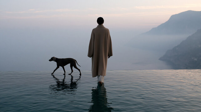 Person with Dog in Infinity Pool Overlooking Ocean View