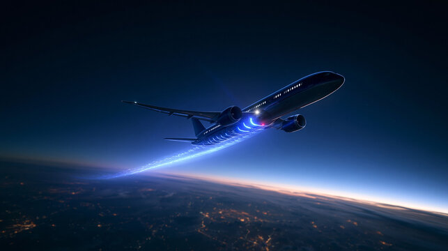 Commercial Airplane Flying at Night with Digital Data Light Trail