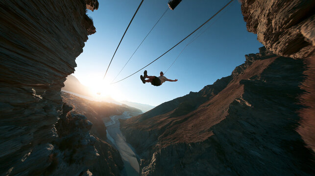 Man Swinging on Extreme Canyon Swing Over Deep Gorge
