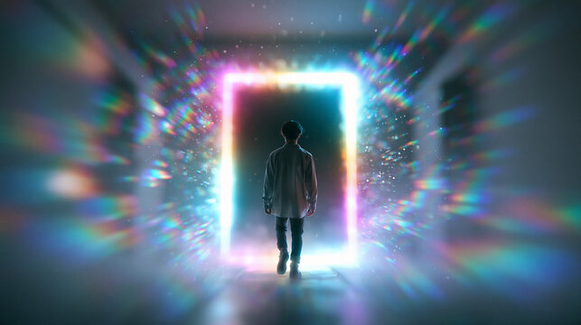 Man Walking Towards Glowing Futuristic Portal Gateway