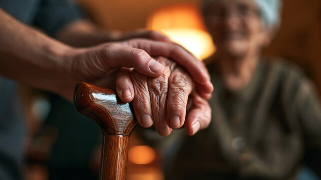 Younger Hand Holding Elderly Woman Hand on Walking Stick