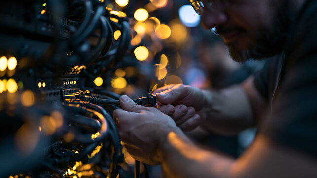 IT Technician Connecting Cables in Data Center Server Room