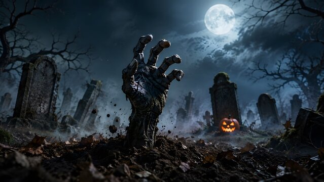Zombie hand emerging from grave in spooky cemetery on Halloween night