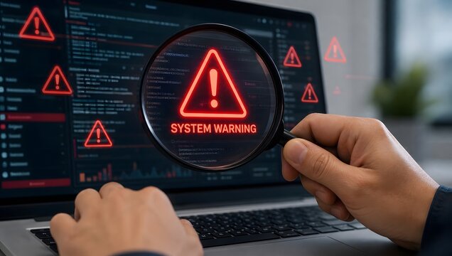 Person using laptop with system warning messages and magnifying glass highlighting a large alert symbol.