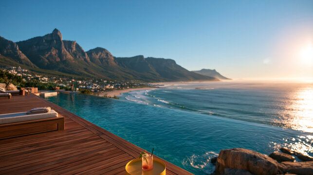 Luxury Infinity Pool Overlooking Ocean and Mountains at Sunset