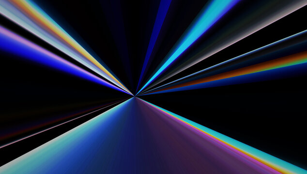 Wide rainbow light refraction 3D render, holographic geometric prism spectrum beam, dark futuristic digital cover element.