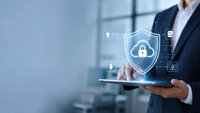 Businessman using tablet with digital cloud security shield icon for data protection and cyber security concept
