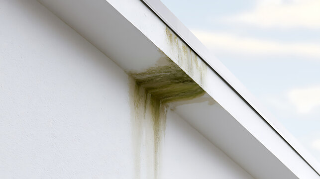 Unwanted Green Growth and Water Damage on a Building Exterior with Visible Stains and Moisture, Indicating a Need for Cleaning or Repair
