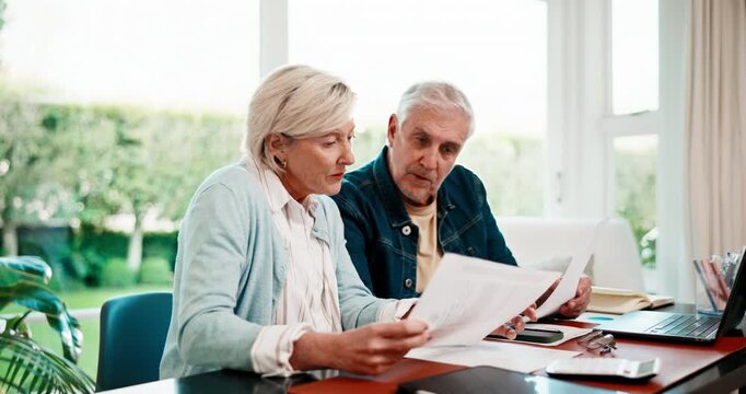 Senior, couple and finance with paperwork in home for income mapping, utility bills or discussion. Marriage, people or invoice on laptop for household expenses, retirement annuity or explain on flare