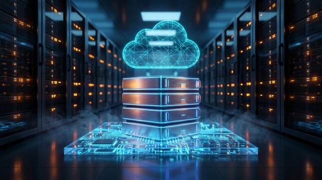 Shiny metallic server tower stands beneath glowing blue wireframe cloud graphic featuring advanced digital connectivity and modern networking technology concepts