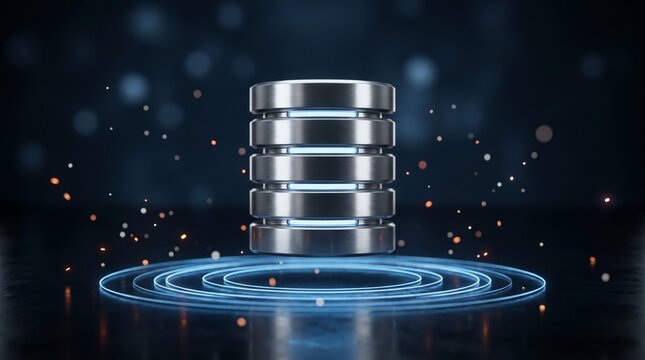 Metallic cylindrical database server storage unit with glowing blue neon ring lights floating above a dark reflective surface at night