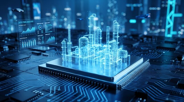 Digital twin hologram of an industrial oil refinery plant hovering over a complex processor circuit board with floating analytics dashboards