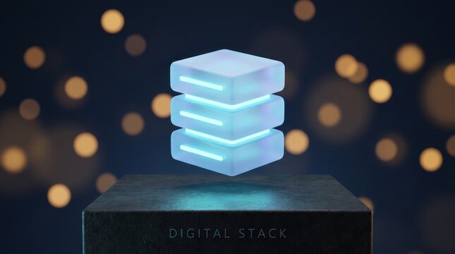 Glowing server icon featuring translucent blue glass layers with neon light accents hovering above a textured dark stone display pedestal