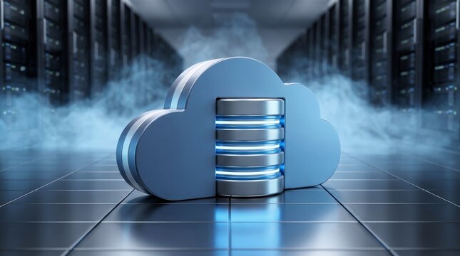 Blue glossy cloud icon with integrated glowing hard drive storage elements sits prominently as a digital data processing hub symbol